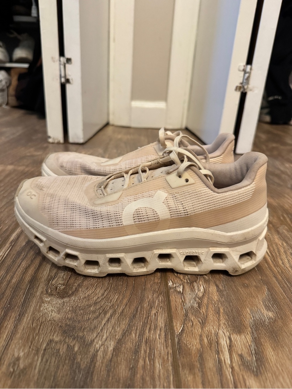 On Cloudmonster Void Dew Ivory Blush Pink Sneakers 7.5
